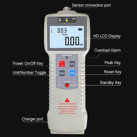Portable Digital Force Gauge With Split Pulley Sensor For Rope Tension Testing, Wire And Belt Tension Meter, Auto Backlit LCD, Rechargeable, Three Unit Modes N Lb Kg, Resolution 0.001 Kg And 0.01 N, Range 50N To 2000N with HD LCD and control keys