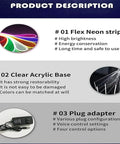 Description of Customizable Neon LED Wall Light Sign features: flex neon strip, clear acrylic base, plug adapter details.