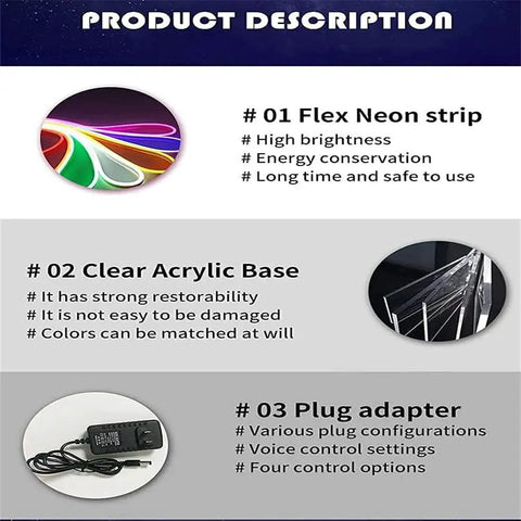 Product description features for Neon Sign It Was Always You LED Tube 60cm with flex neon strip, clear acrylic base, plug adapter.