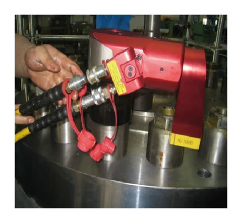 Professional Hydraulic Torque Wrench 36992 Nm with red swivel couplers, adjustable arm, and aluminum build for heavy tasks.