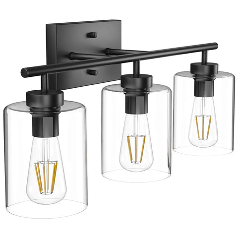 Three Light Black Vanity Light Fixture Over Mirror With Clear Glass Shades Industrial Wall Light For Bathroom Upgrade Modern Vintage Look Matte Black Frame