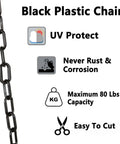 Lightweight Black Plastic Chain Link 82 Ft Long 1.5 Inch Diameter UV Protected Barrier For Halloween Decorations Hanging Fake Chains Cosplay Props Dope with features like UV protection, 80 lbs capacity, and easy to cut.