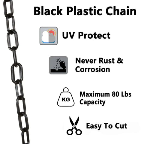 Lightweight Black Plastic Chain Link 82 Ft Long 1.5 Inch Diameter UV Protected Barrier For Halloween Decorations Hanging Fake Chains Cosplay Props Dope with features like UV protection, 80 lbs capacity, and easy to cut.
