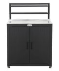 Outdoor Potting Bench With Storage Cabinet And Stainless Steel Work Surface Garden Workstation Raised Edge Top Adjustable Shelf And Removable Hutch For Patio Balcony And Outdoor Workspace Black, front view.