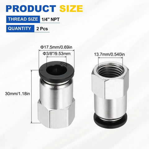 Two Pack Push-To-Connect Fittings For Pneumatic System, Fits Three Eighths Inch OD Tube, One Quarter Inch NPT Nickel Plated Brass