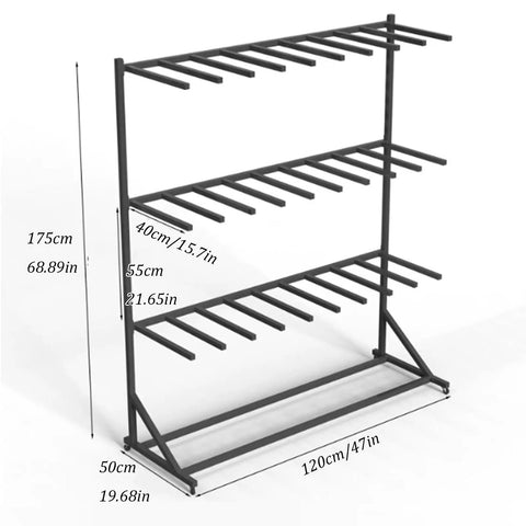 Rolling Life Jacket Display Rack for Pools and Docks, 3 Tier Water Sports Safety Organizer with size dimensions shown