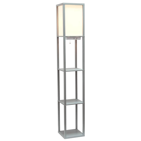 Gray Etagere Floor Lamp With 3 Shelves, 2 USB Ports, 1 Charging Outlet, Linen Shade, Soft Warm Glow, Pull Chain On Off, Space Saving Organizer Light For Living Room Or Bedroom in a vertical view