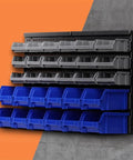 Hella Rugged Wall Mounted Storage Rack Featuring Thirty Bright Plastic Bins For Garage Tool Sorting Screws Nuts Bolts Small Hardware Parts Fast Assembly No Sweat Organization Daily on wall.