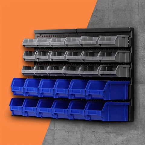 Hella Rugged Wall Mounted Storage Rack Featuring Thirty Bright Plastic Bins For Garage Tool Sorting Screws Nuts Bolts Small Hardware Parts Fast Assembly No Sweat Organization Daily on wall.