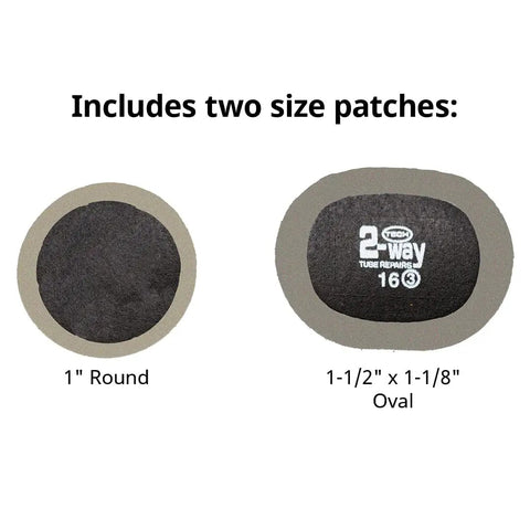 Two size patches from Ride Ready Bicycle Tube Patch Kit For Any Tire Inner Tube Or Tubeless Flat On The Go Quick Heavy Duty Patches