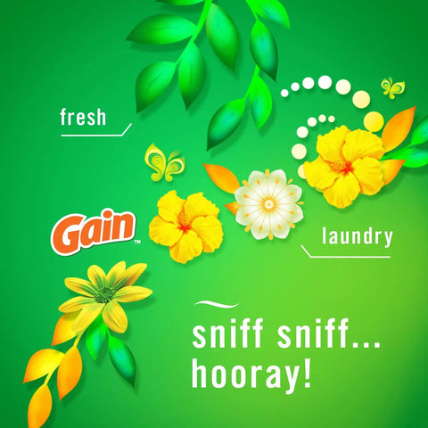 Colorful Gain logo with flowers and leaves, captioned 'fresh laundry' and 'sniff sniff... hooray!' on a green background.