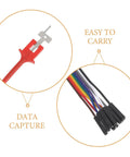 Micro SMD Grabber Clips for Logic Analyzer and Oscilloscope Probes, highlighting compact red hook and multicolored leads