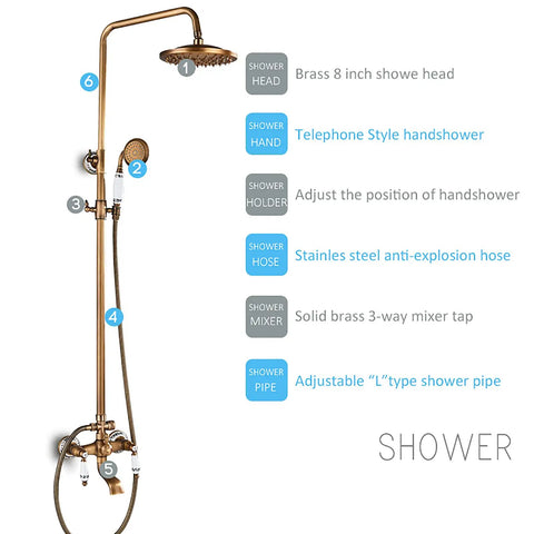 Top Shelf Antique Brass Shower System With Swivel Tub Spout And Adjustable Handheld Sprayer Featuring 8 Inch Rain Shower Head.