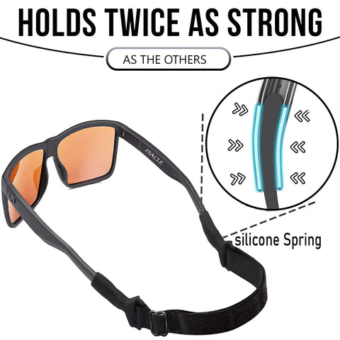 Close-up of black eyeglasses with 4 Pack Adjustable No Slip Eyeglasses Strap Retainer featuring silicone spring detail and secure fit.