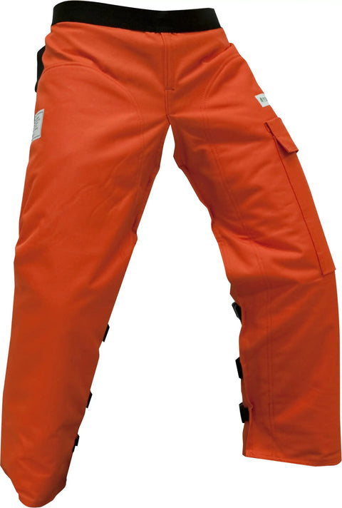 Orange 37 Inch Apron Style Chainsaw Chaps For Men And Women With Pocket And Adjustable Waist Built For Pro Grade Chainsaw Safety Gear And Leg Protection On The Job. Image shows orange safety chaps with side pocket and black adjustable straps.