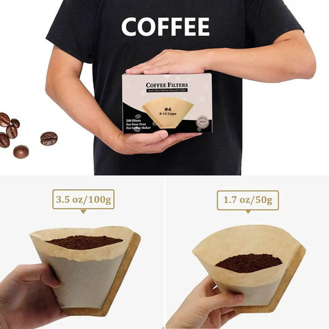 Person holding box of Size 4 Cone Coffee Filters, 8-12 Cup, 200 Count, Unbleached Natural Paper, No Blowout, Disposable.