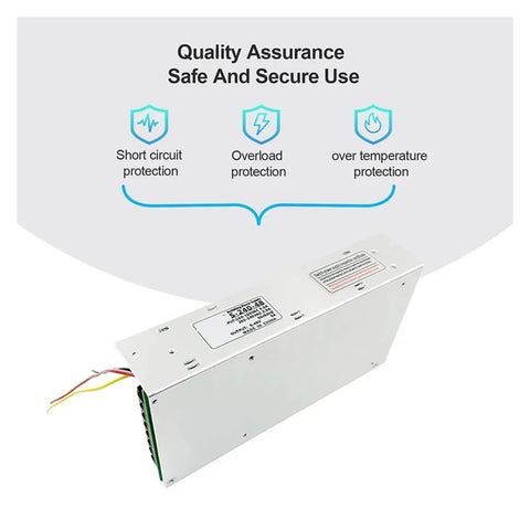 No Fuss Heavy Duty 240W DC Switching Power Supply With Adjustable 0 To 48V Output showing safety features like overload protection.