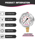 Glycerin Filled Pressure Gauge For Gas And Liquid Pressure 0 To 160 Psi Two And A Half Inch Dial Stainless Steel Case With Vent Valve