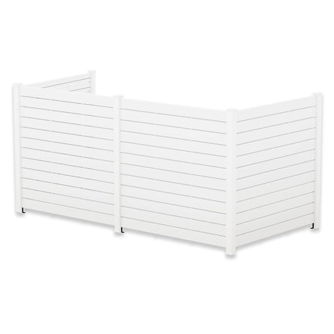 Heavy Duty Ground Mounting Kit for Four Panel Privacy Screens That Secures To Concrete, featuring white panels standing up to wind.