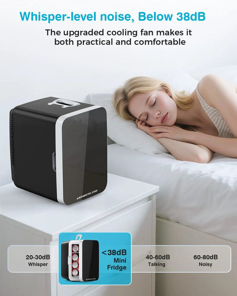 Black 10L Portable Mini Fridge For Dorm, Office And Desk Use near sleeping person with whisper-level noise below 38dB.