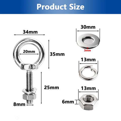 10 Pack M8 x 25mm Eyebolts With Nuts And Washers, Heavy Duty Stainless Steel 304 Marine Grade Shoulder Eye Bolts For DIY Projects, Furniture, Swing Sets, And Outdoor Use, Rust Resistant And Easy To Install; size diagram