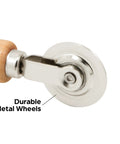 Screen Rolling Tool for Window and Door Screens, Spline Roller With Wood Handle and Steel Wheels, close-up of metal wheel