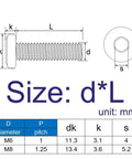 Technical diagram showing dimensions of Six Pack M6 And M8 Zinc Plated Flat Round Head Hex Socket Furniture Connector Screws Countersunk Bolts.