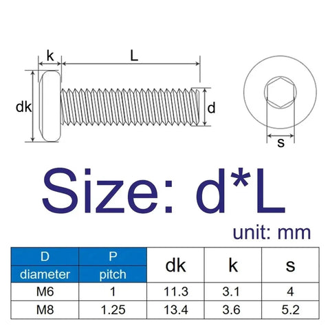Technical diagram showing dimensions of Six Pack M6 And M8 Zinc Plated Flat Round Head Hex Socket Furniture Connector Screws Countersunk Bolts.