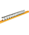 Fourteen Piece Three Eighths Inch Drive Six Point Socket Set Metric Pro Grade Chrome Plated Alloy Steel with Chamfered Openings