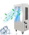Heavy-Duty Industrial Spot Cooler With Rollin' Brake Wheels, Top-Shelf Commercial Air Conditioner For Warehouses And Factories, 20400 Btu, 220 Volt, Moves Anywhere, Shop Ready Cooling Beast blowing cool air with ice cubes in front.