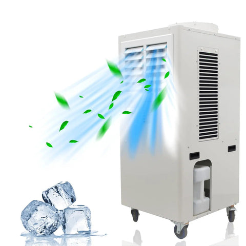 Heavy-Duty Industrial Spot Cooler With Rollin' Brake Wheels, Top-Shelf Commercial Air Conditioner For Warehouses And Factories, 20400 Btu, 220 Volt, Moves Anywhere, Shop Ready Cooling Beast blowing cool air with ice cubes in front.