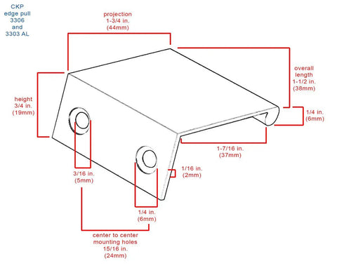 Diagram of back mount finger edge pull handle 1.5 inch aluminum matte black lightweight cabinet and drawer pulls with dimensions.