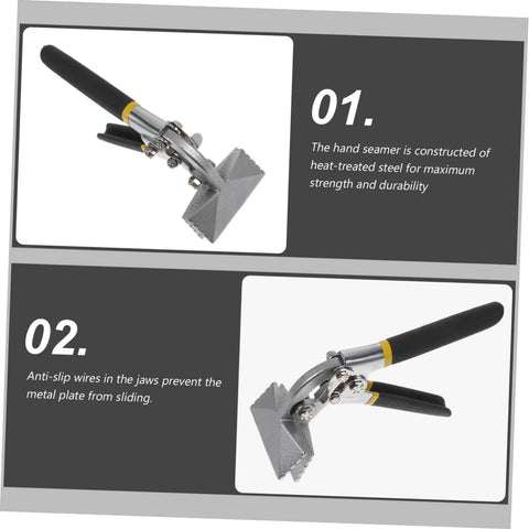 Metal Bender Hand Seamer Tool Plier For HVAC with non-slip handle and heat-treated steel construction in two views.