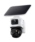 4K Solar Wireless Outdoor Security Camera With Triple Lens Bullet PTZ, 360 Coverage, mounted side view showing lenses and solar panel