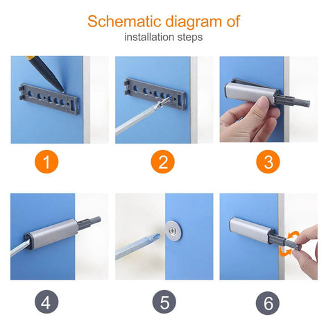 Installation steps for Push To Open Cabinet Latches 4 Pack For Doors And Drawers, Iron And Plastic Hardware, Hidden Cabinet Door Catch