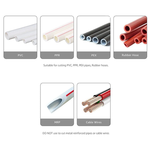 Product suitability: Rugged PEX Pipe Cutter For One Eighth To One Inch Tubing, PPR, PVC, and rubber hoses, but not for cable wires.
