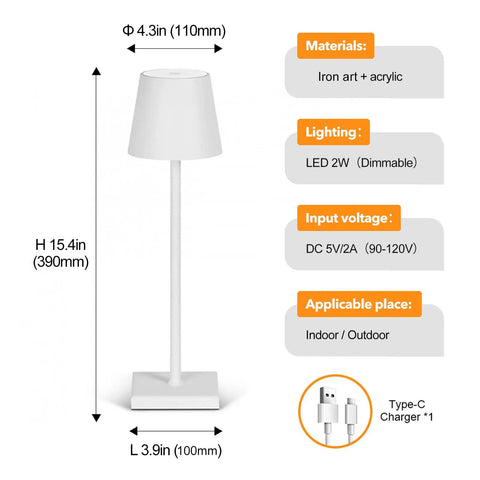 15.4 Inch LED Cordless Table Lamp With 3 Color Dimmable Light, 5000mAh USB Rechargeable Touch Night Light specifications