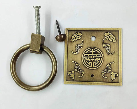 Chinese Style Antique Brass Ring Pull Handle Set For Cabinets And Wardrobes 60mm Square Brass Hardware with 25mm screws classic style