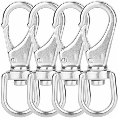 Four stainless steel swivel-eye snap hooks, 3-1/2-in length with 3/4-in eye, flag clip style, 4-pack