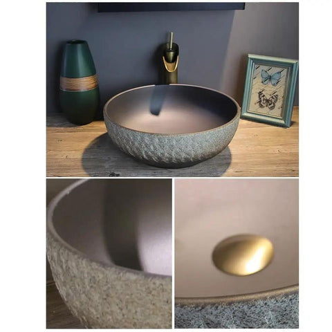 USZWBY Vessel Sinks Wash Basin Ceramic Art Table Retro Wash Basin Bathroom Wash Basin Round Home Bathroom Sink with gold accent