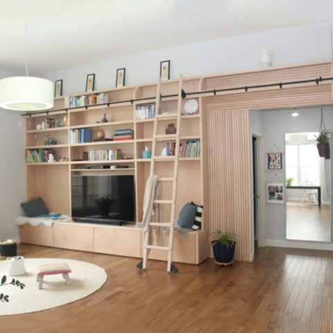 Heavy Duty Sliding Barn Door Track Kit 3.3ft To 20ft Wide Steel Round Tube Hardware Set in modern living room display.