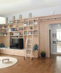 Rock Solid Steel Roller Track Roll Out Smooth For Library Ladder And Barn Doors, Complete Floor Caster Wheels Kit, heavy-duty steel ladder in modern living room.