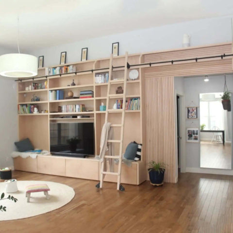 Heavy Duty Sliding Barn Door Hardware Kit Adjustable From Three Point Three Feet To Twenty Feet with ladder in modern living room