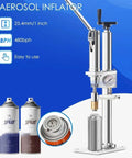 Pro Grade Manual Aerosol Spray Filling Machine featuring pressure gauge, 25.4mm neck coupler, and spray cans.