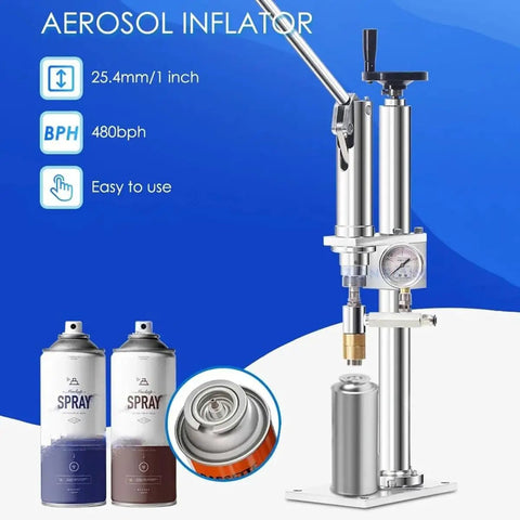Pro Grade Manual Aerosol Spray Filling Machine featuring pressure gauge, 25.4mm neck coupler, and spray cans.