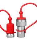 Two 1/2-inch hydraulic quick-connect tractor couplers with red dust caps and metal bodies