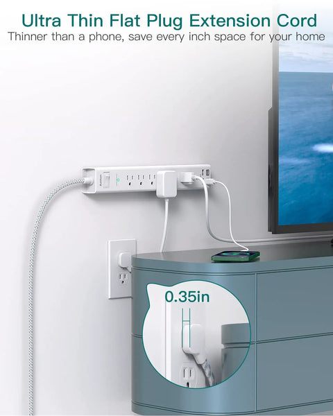 Badass 10 Foot Extension Cord With Built In Surge Protector Power Strip showing flat design, six AC outlets, and USB ports.
