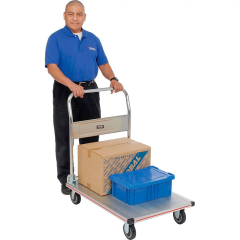 Roll Slick And Maneuver Easy Ultra Lightweight Aluminum Folding Platform Cart Features Quiet Rubber Casters With Cross Brace Handle And Vinyl Bumpers Built Solid For Warehouse Hauls