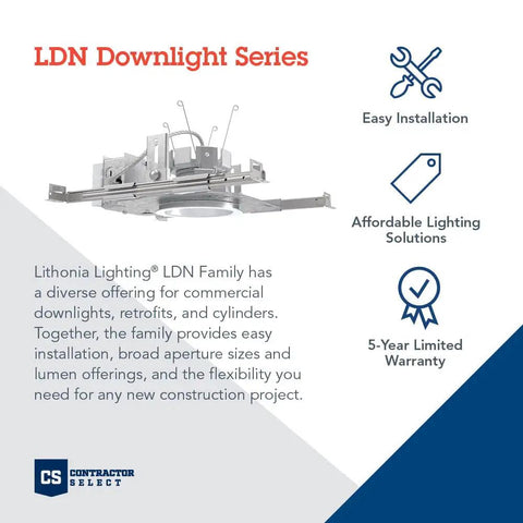 6 Inch New Construction LED Downlight With Non-IC Housing, 2000 Lumen, 3500K Warm White, 0-10V Dimming, Easy Install