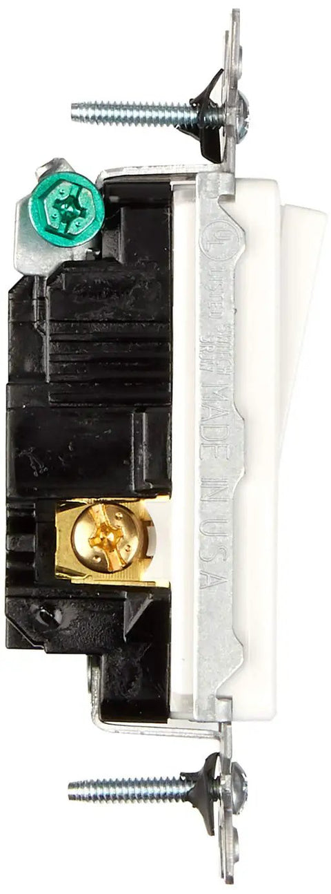 Side view of Decora 3 Way AC Quiet Rocker Switch 15 Amp 120/277V Residential Grade Pro Quality Grounding White 10 Pack